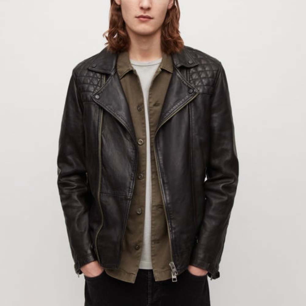 All Saints Mens Black Leather Jacket - Black Conroy Size Extra Large